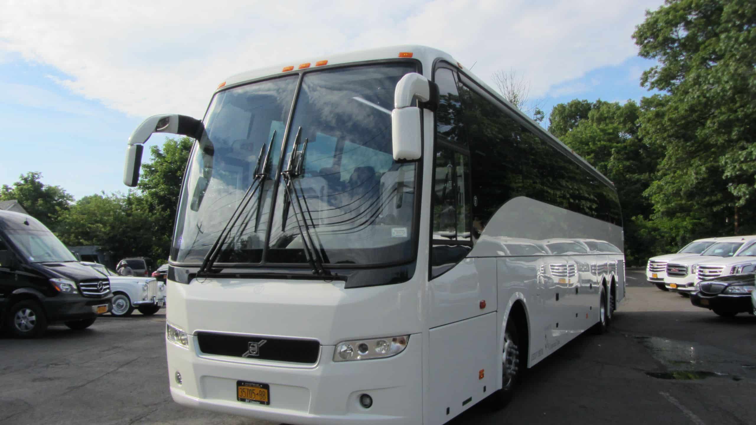 56 Passenger Volvo White Bus for a ski trip in Long Island and New York